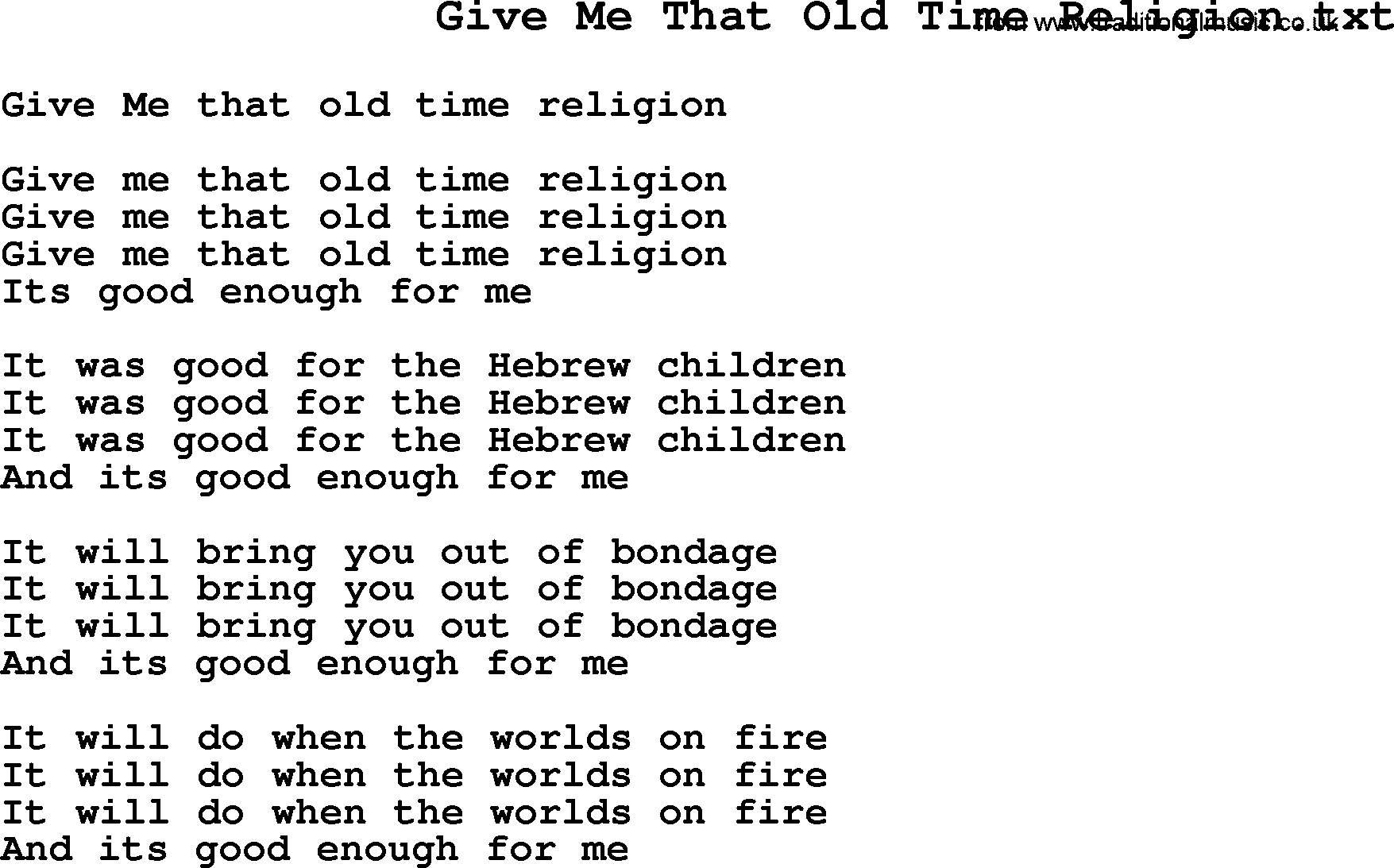 Negro Spiritual Song Lyrics for Give Me That Old Time Religion