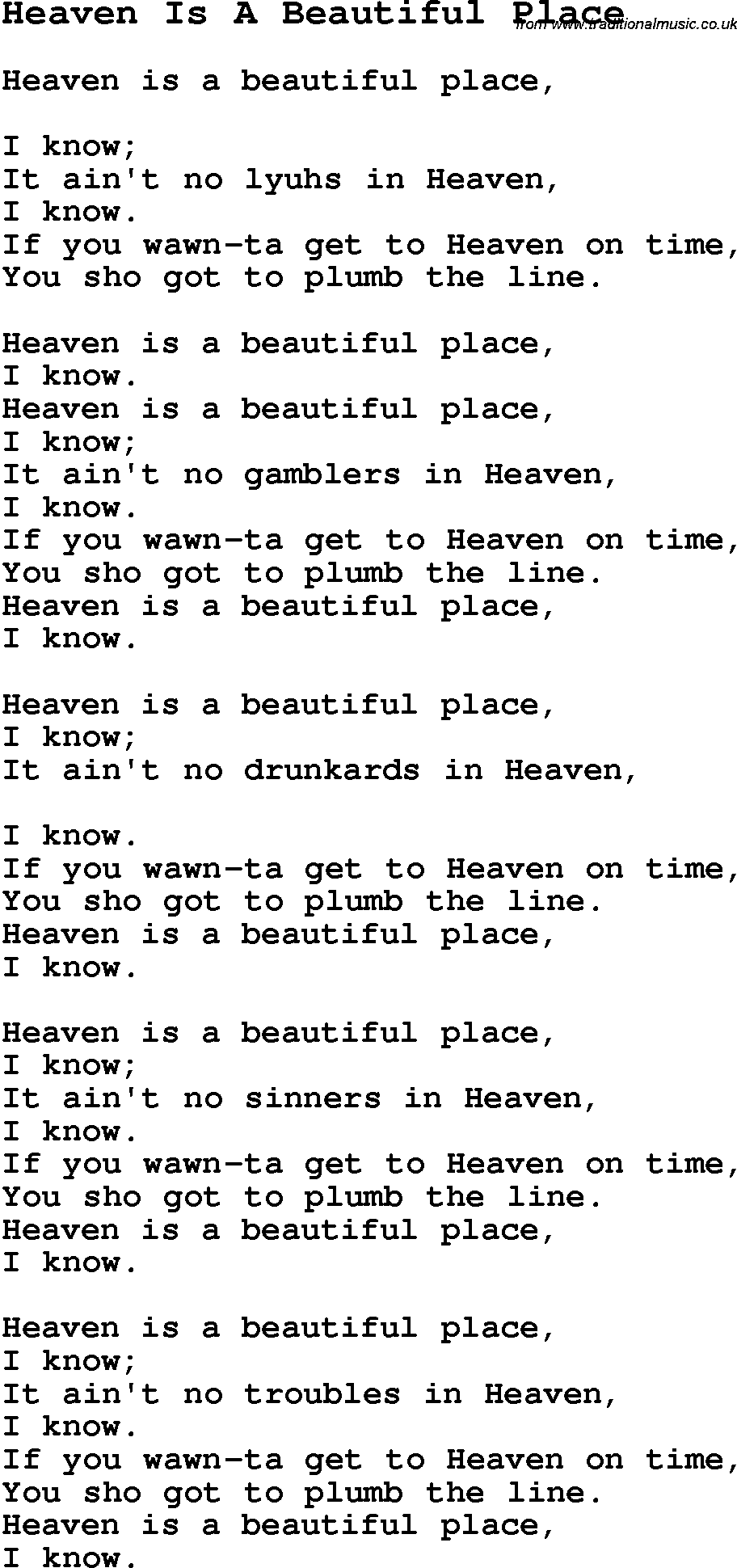 Negro Spiritual Song Lyrics for Heaven Is A Beautiful Place