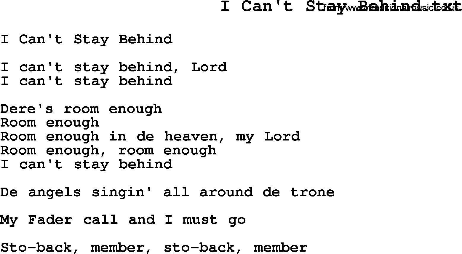 Negro Spiritual Song Lyrics for I Can't Stay Behind