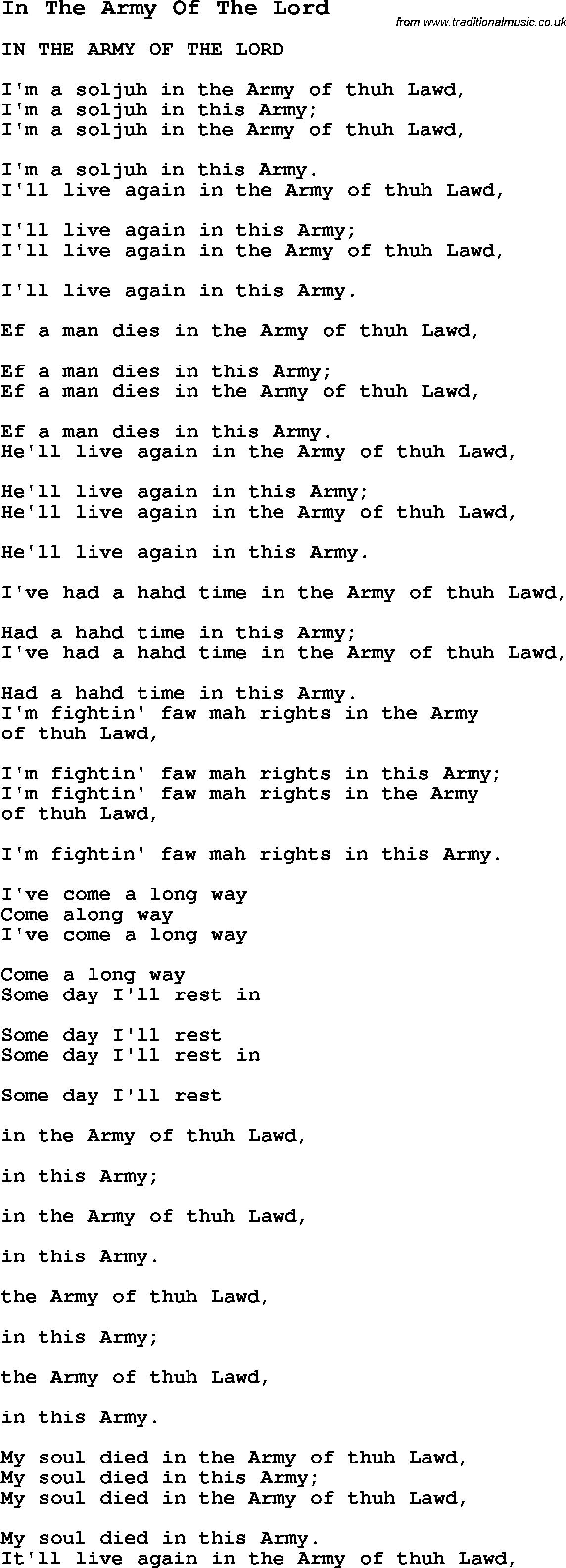 Negro Spiritual Song Lyrics for In The Army Of The Lord
