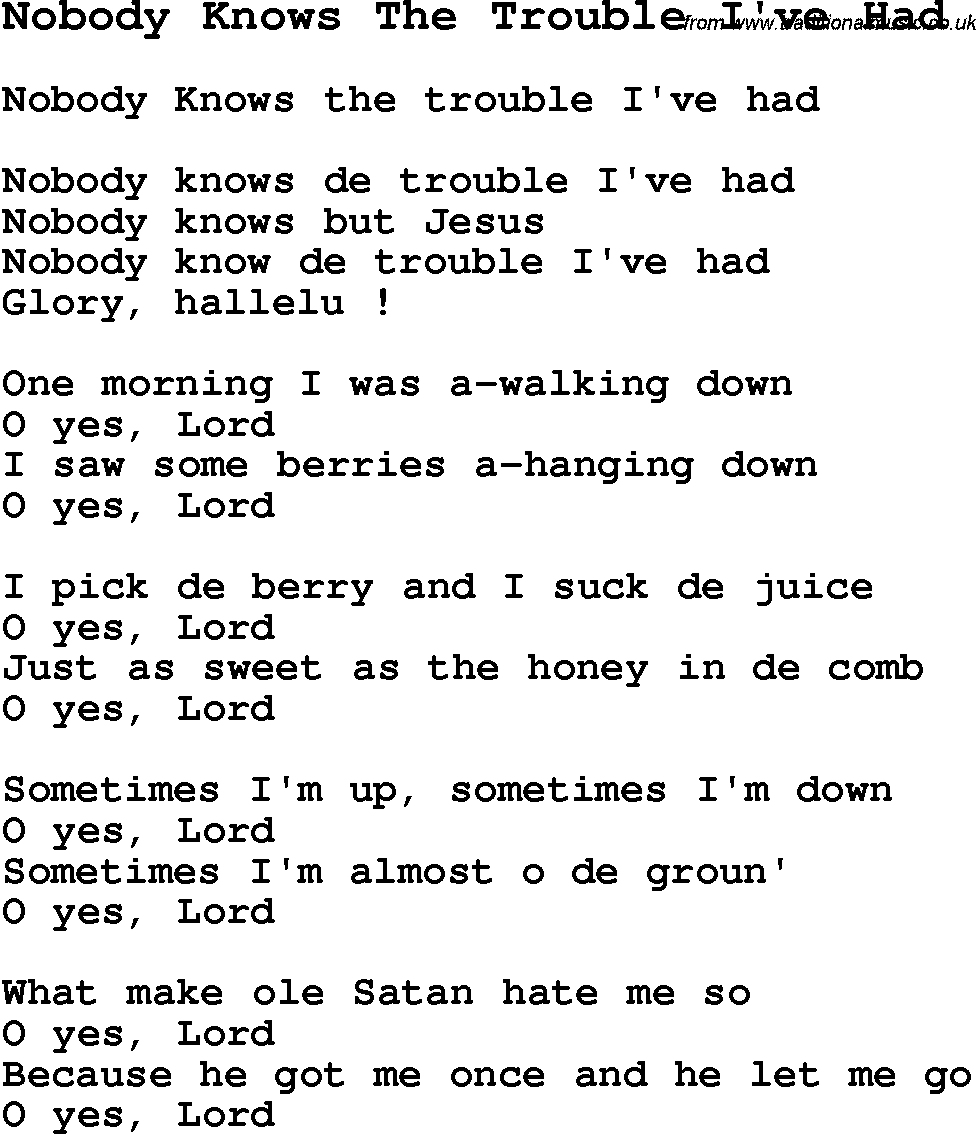 Negro Spiritual Song Lyrics for Nobody Knows The Trouble I've Had
