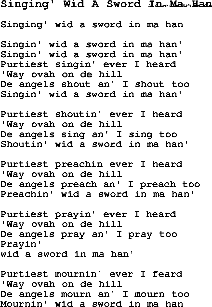 Negro Spiritual Song Lyrics for Singing' Wid A Sword In Ma Han