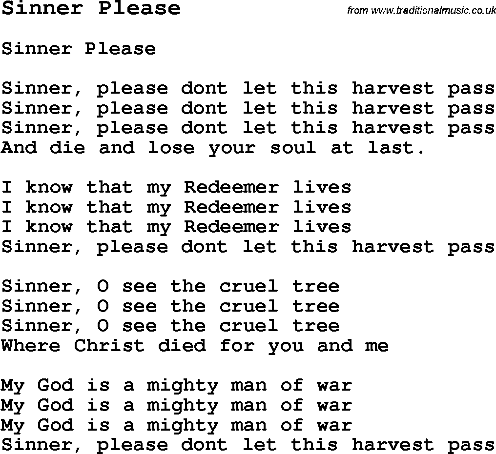 Negro Spiritual Song Lyrics for Sinner Please