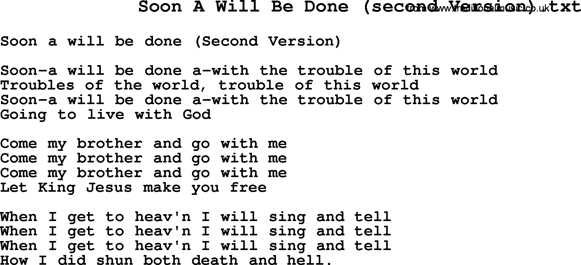 Negro Spiritual Song Lyrics for Soon A Will Be Done(2)