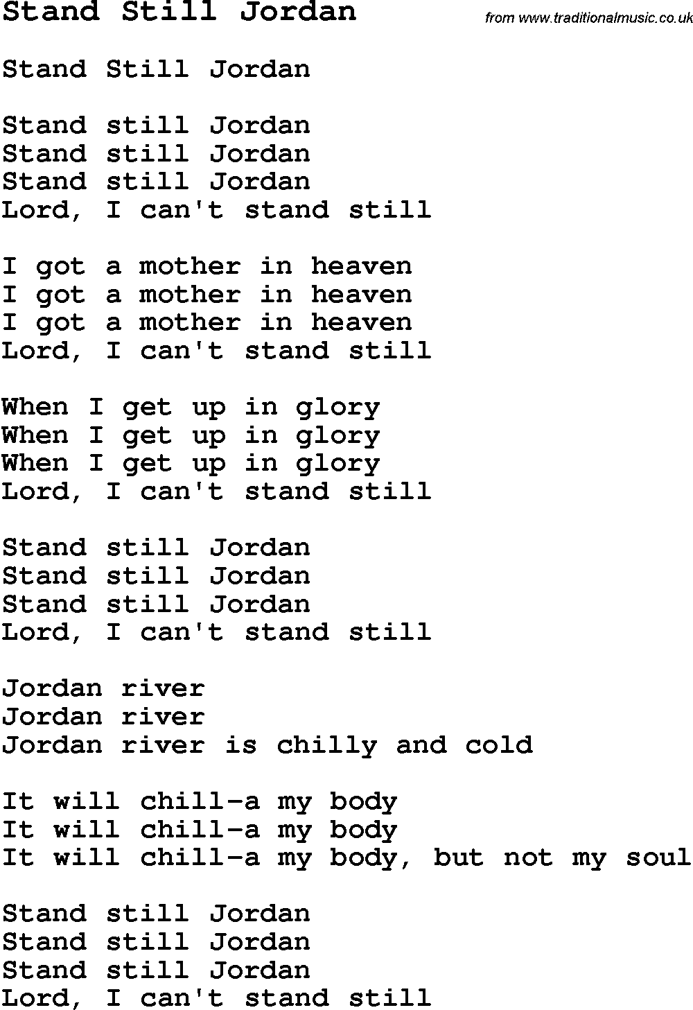 Negro Spiritual Song Lyrics for Stand Still Jordan