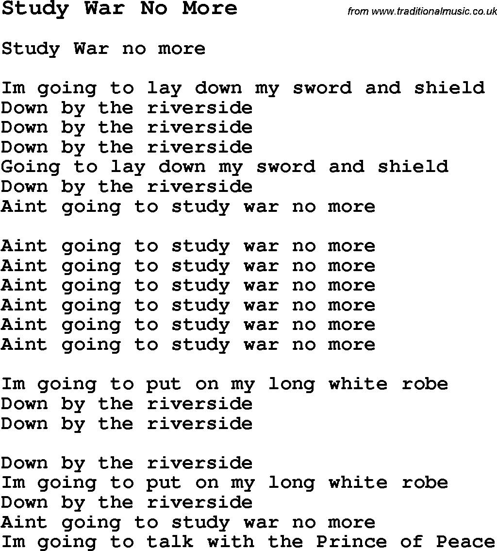 Negro Spiritual Song Lyrics for Study War No More