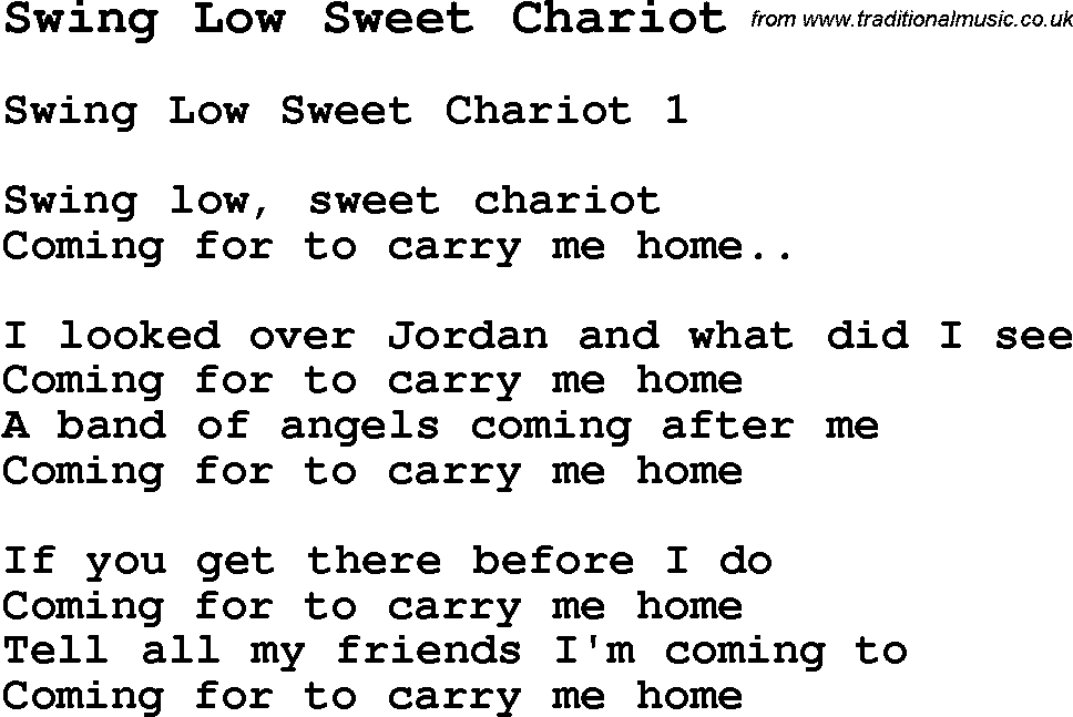 Negro Spiritual Song Lyrics for Swing Low Sweet Chariot