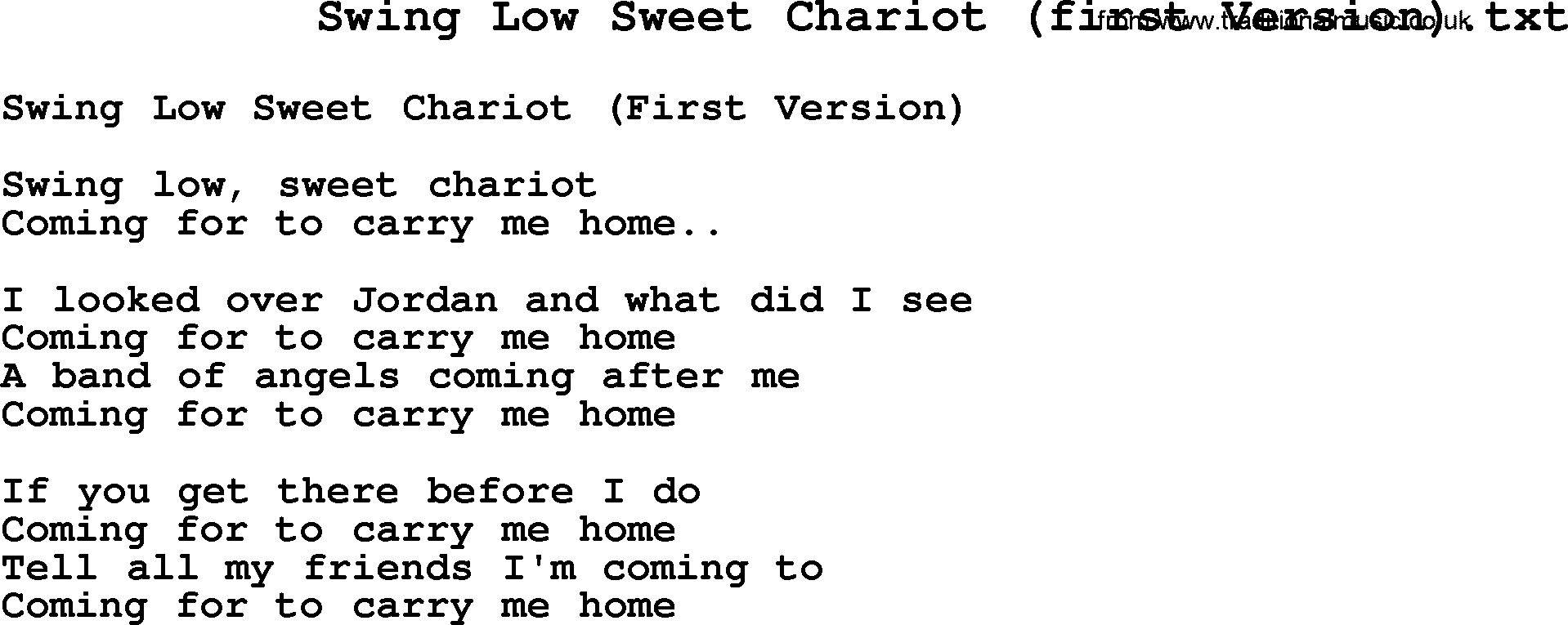 Negro Spiritual Song Lyrics for Swing Low Sweet Chariot (1)