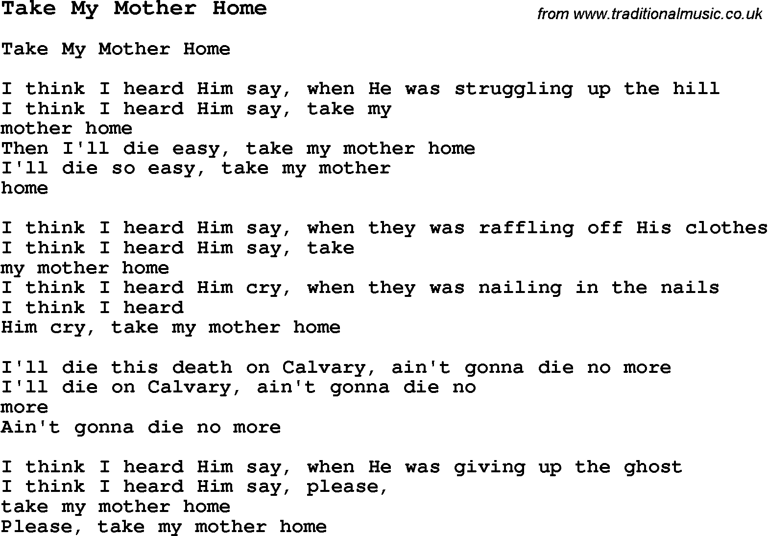 Negro Spiritual Song Lyrics for Take My Mother Home