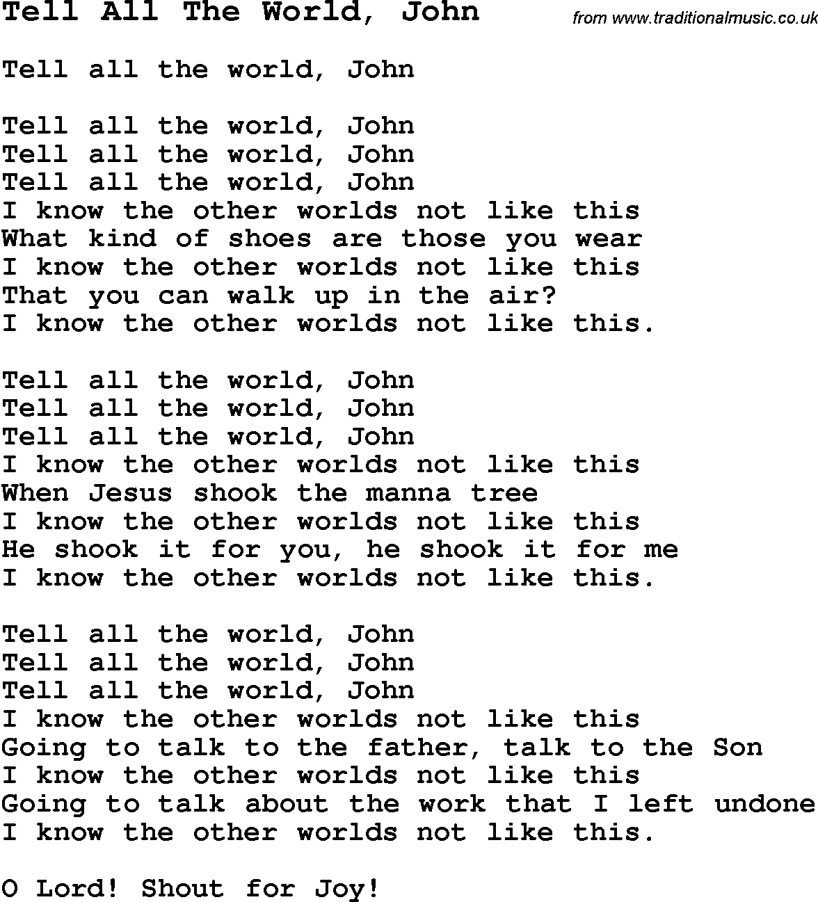 Negro Spiritual Song Lyrics for Tell All The World, John