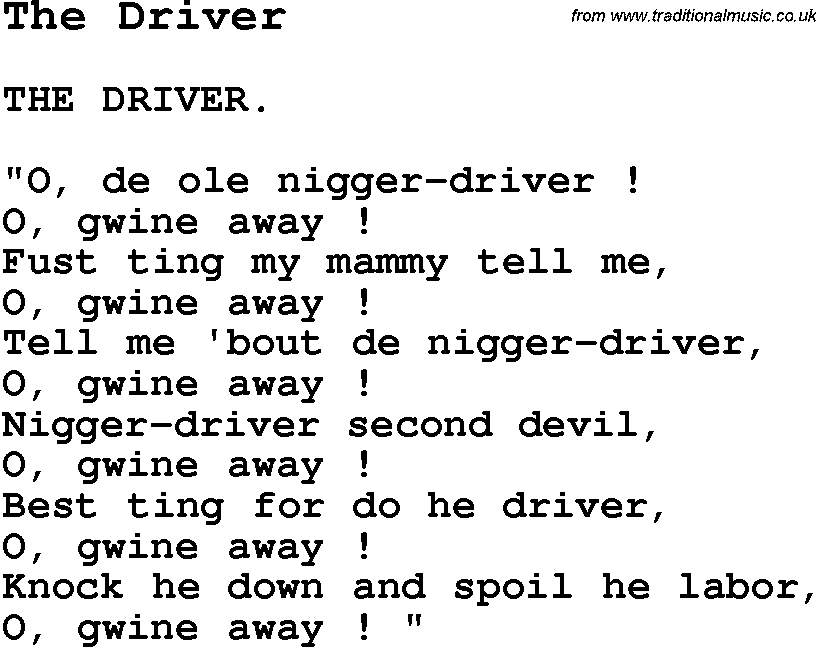 Negro Spiritual Song Lyrics for The Driver