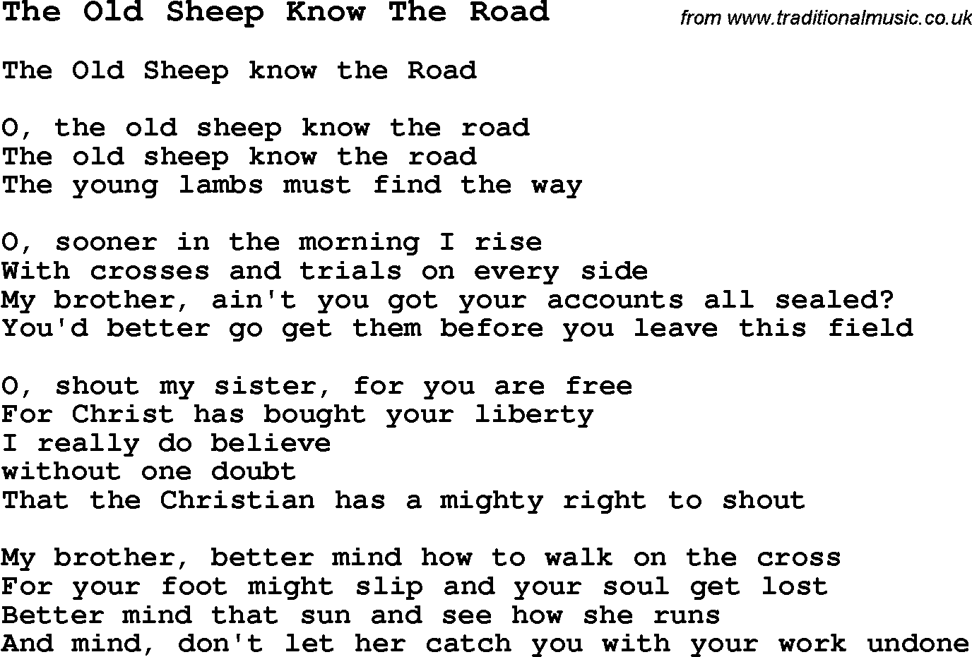 Negro Spiritual Song Lyrics for The Old Sheep Know The Road