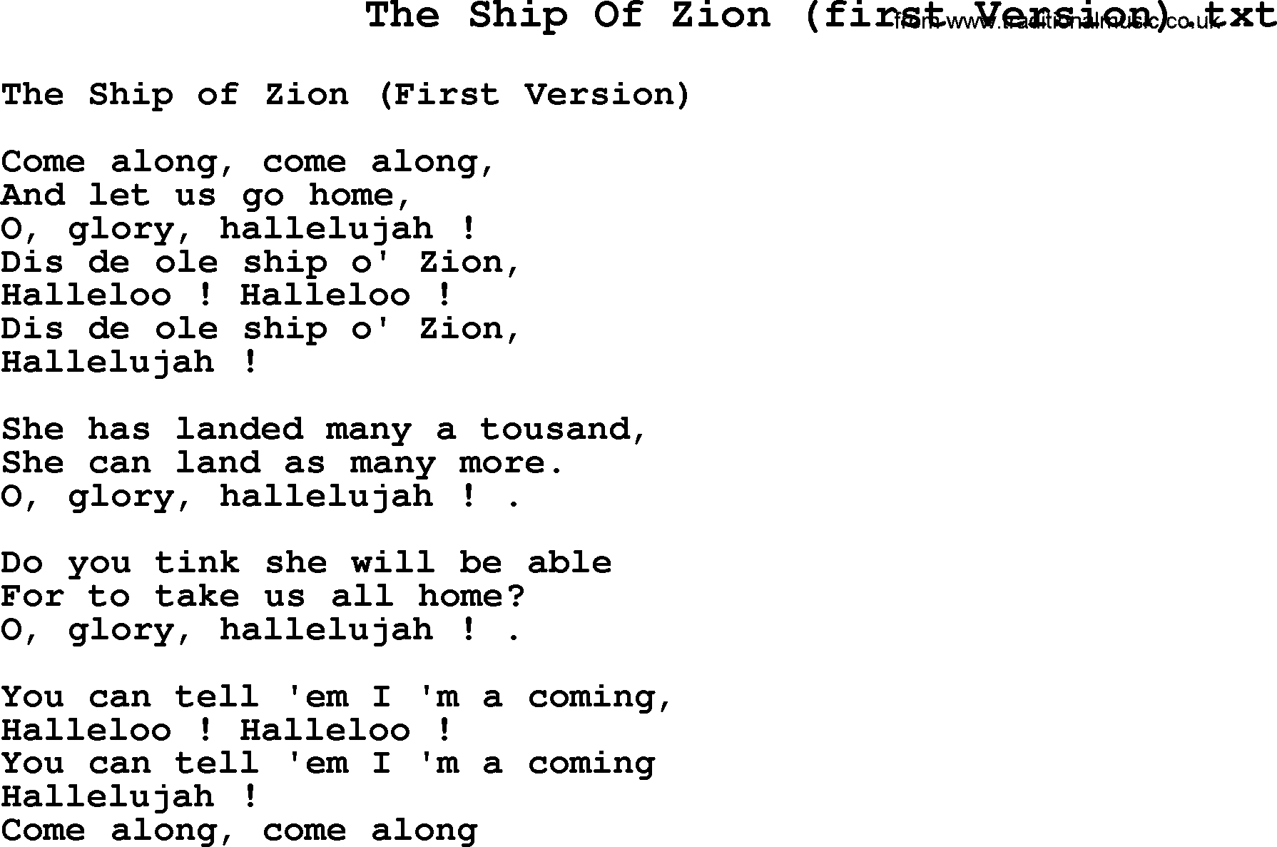 Negro Spiritual Song Lyrics for The Ship Of Zion (1)