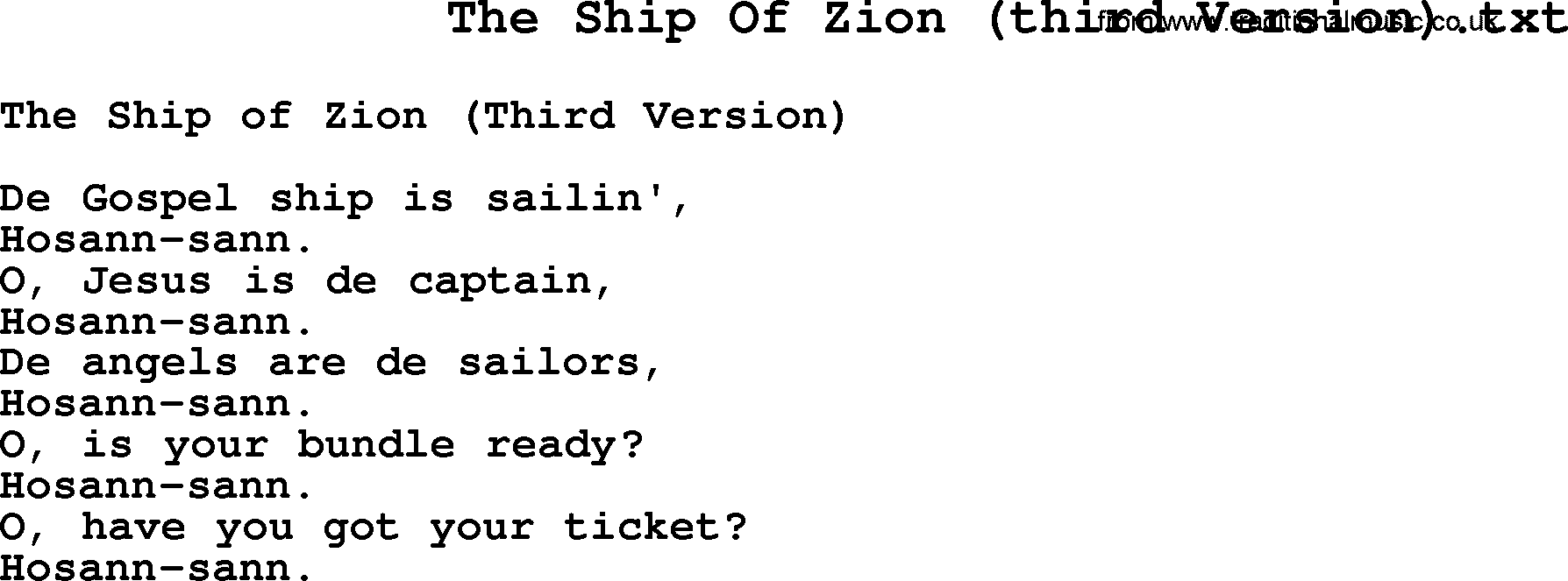 Negro Spiritual Song Lyrics for The Ship Of Zion (third Version)