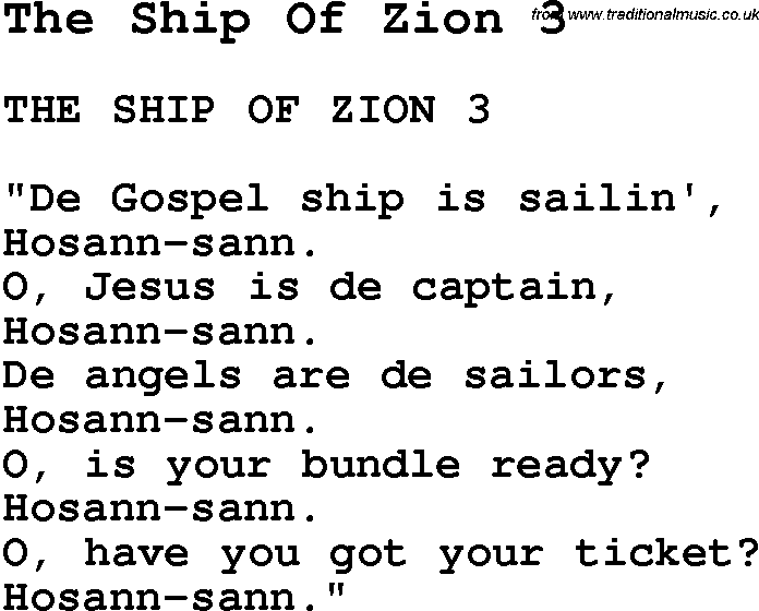 Negro Spiritual Song Lyrics for The Ship Of Zion 3