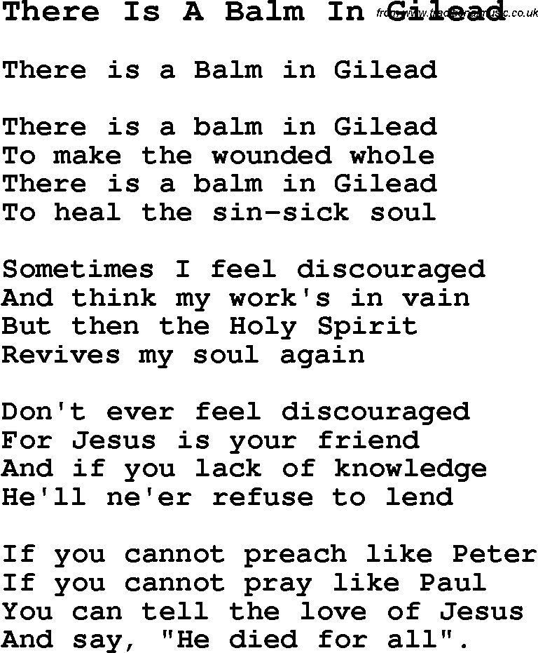 Negro Spiritual Song Lyrics for There Is A Balm In Gilead
