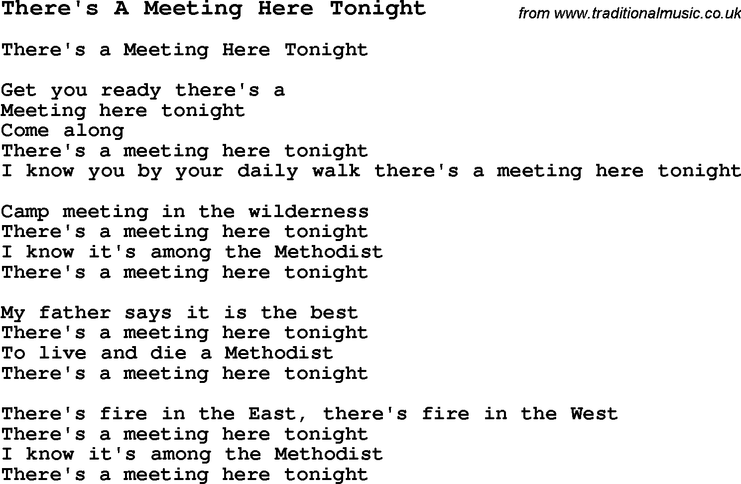 Negro Spiritual Song Lyrics for There's A Meeting Here Tonight