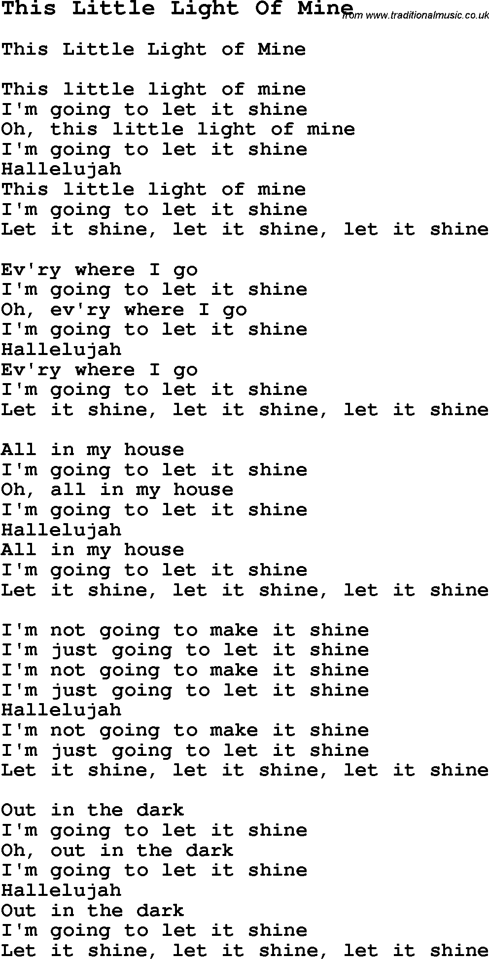 Negro Spiritual Song Lyrics for This Little Light Of Mine