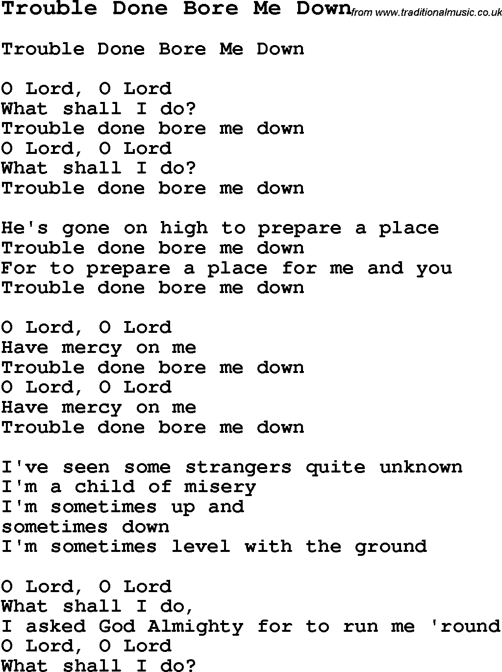 Negro Spiritual Song Lyrics for Trouble Done Bore Me Down
