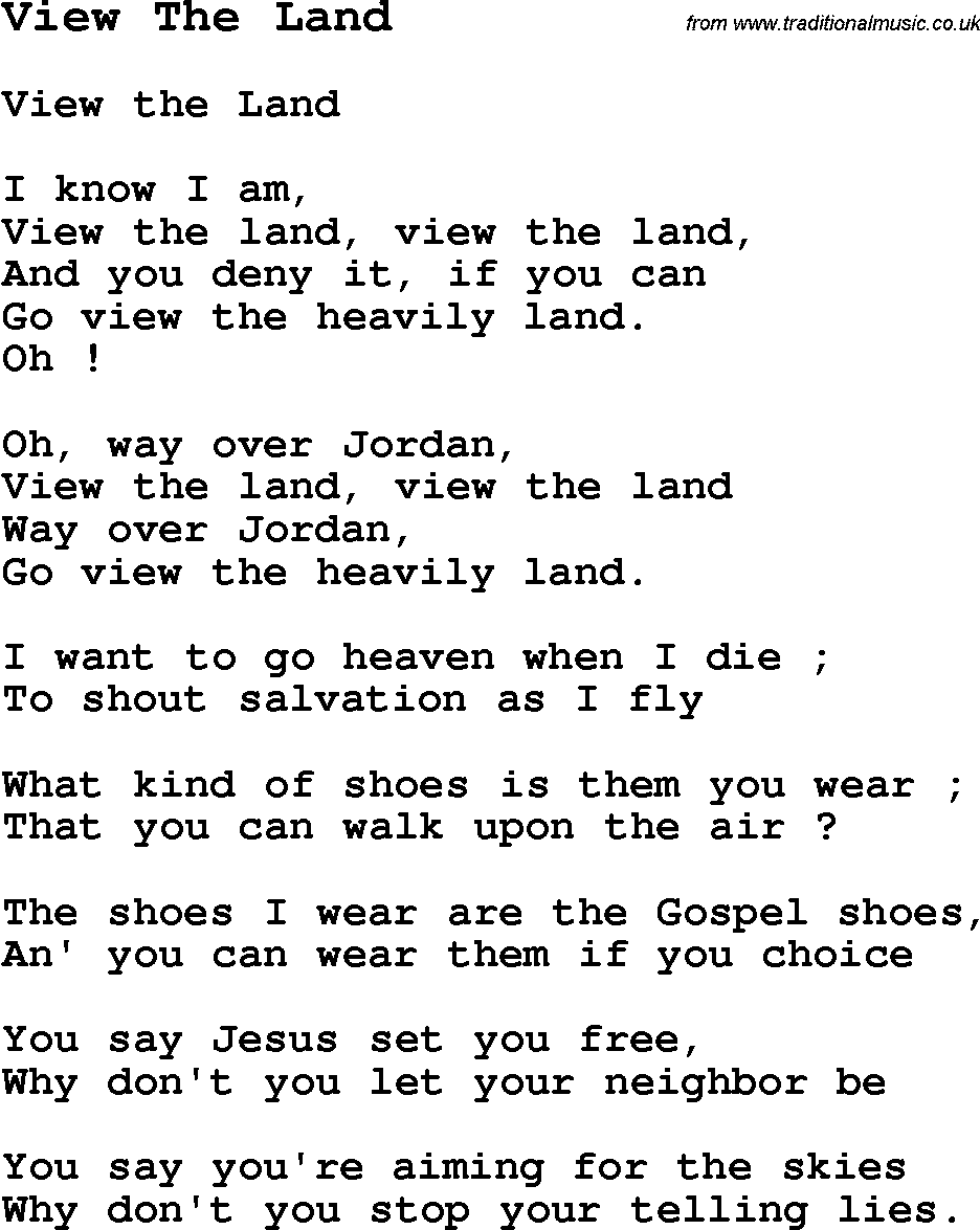 Negro Spiritual Song Lyrics for View The Land