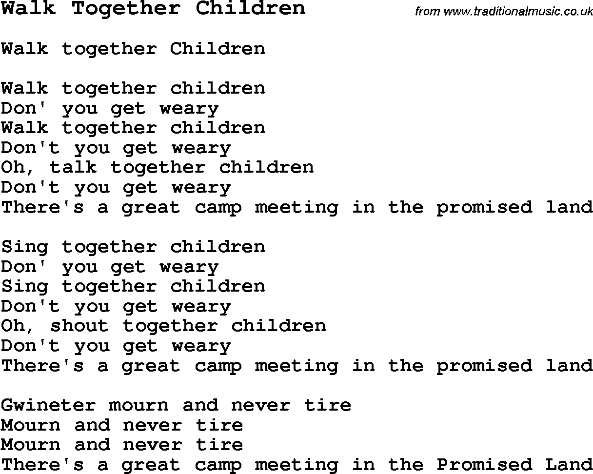 Negro Spiritual Song Lyrics for Walk Together Children