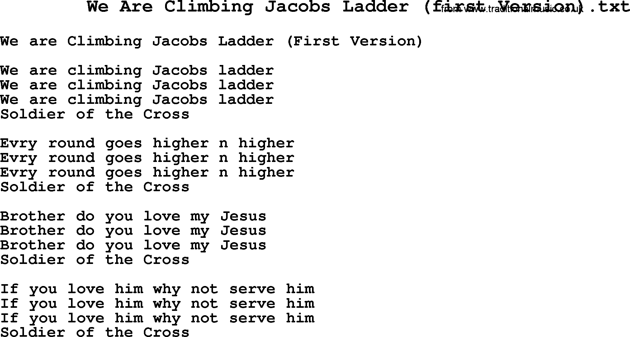 Negro Spiritual Song Lyrics for We Are Climbing Jacobs Ladder (1)