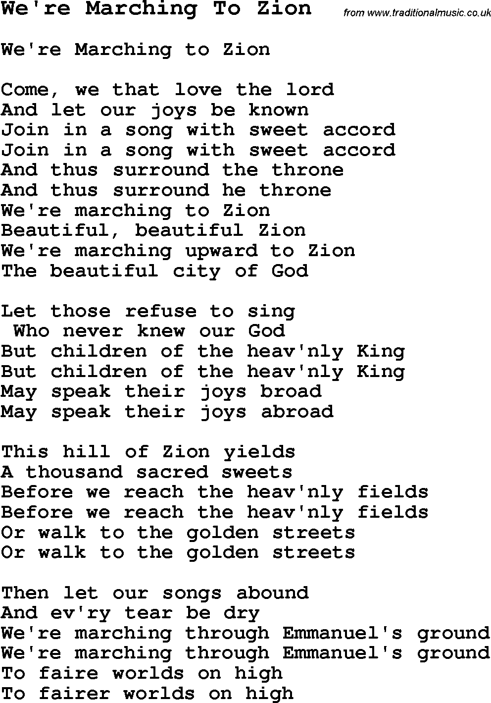 Negro Spiritual Song Lyrics for We're Marching To Zion