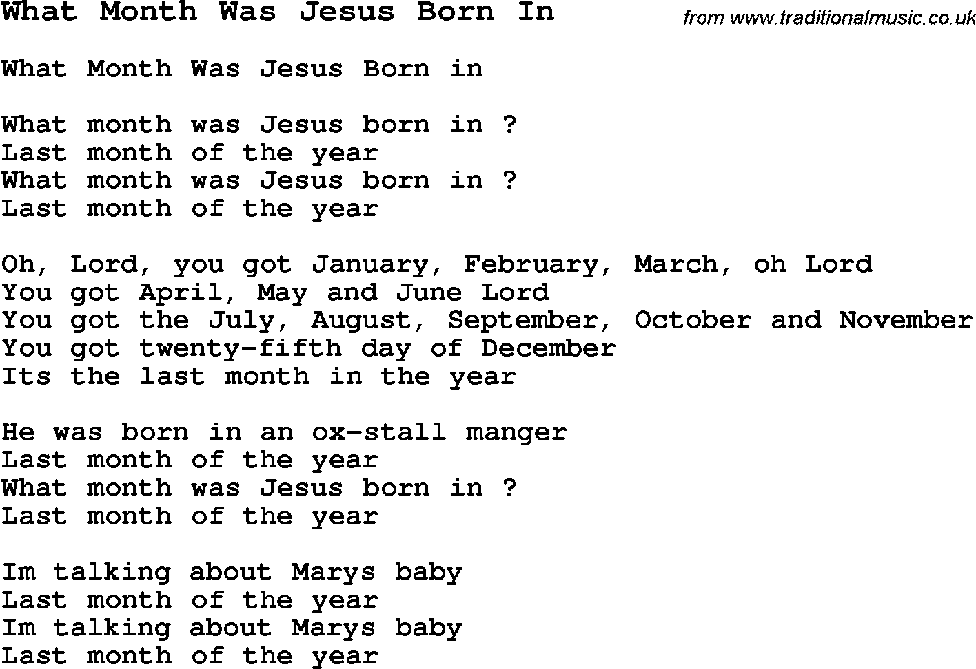 Negro Spiritual Song Lyrics for What Month Was Jesus Born In