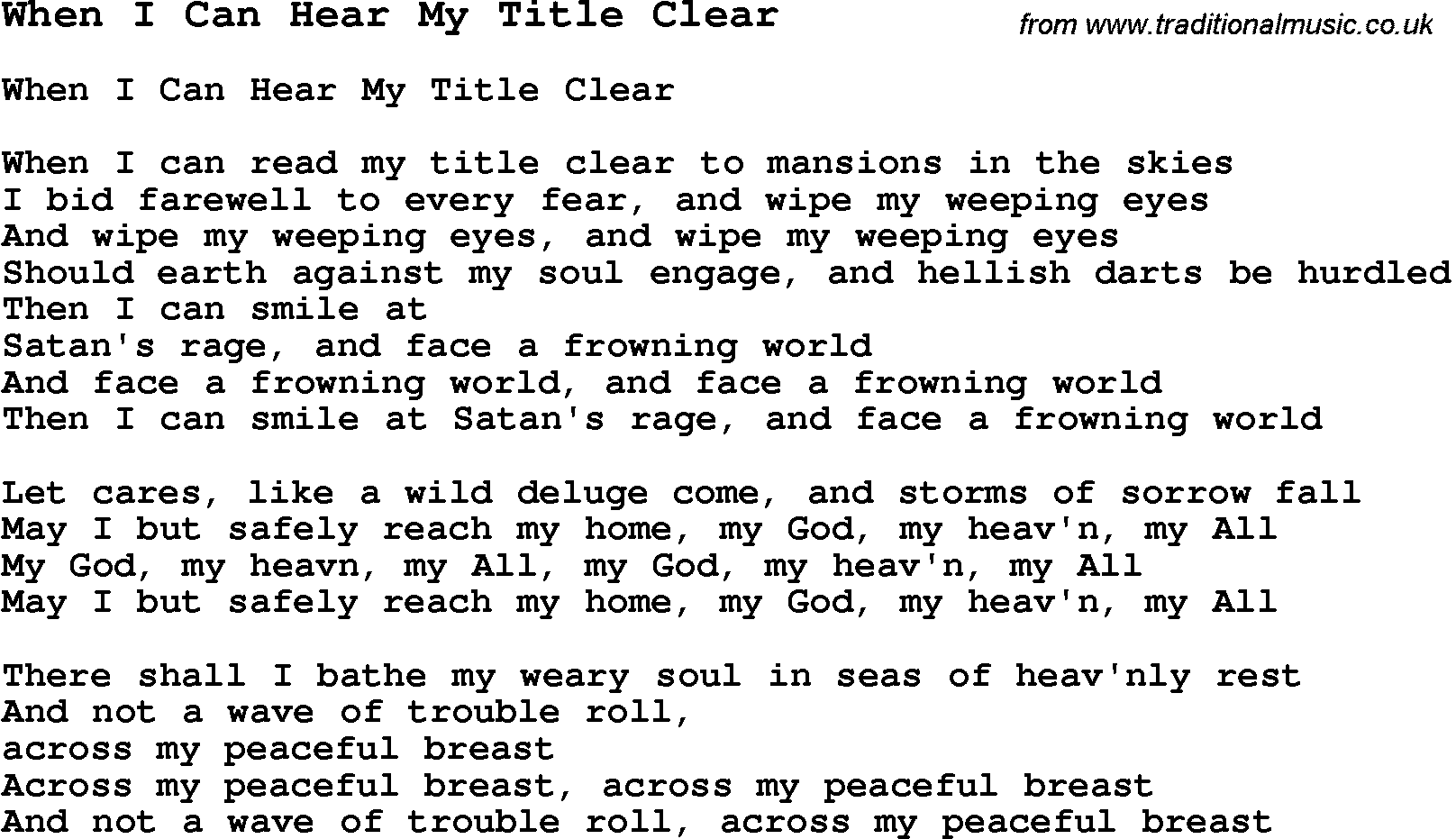 Negro Spiritual Song Lyrics for When I Can Hear My Title Clear