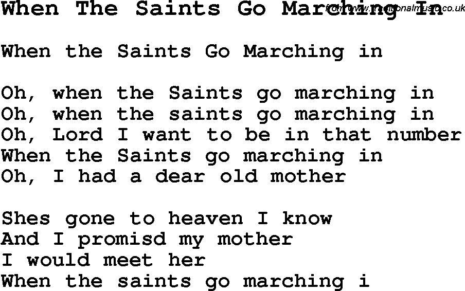Negro Spiritual Song Lyrics for When The Saints Go Marching In