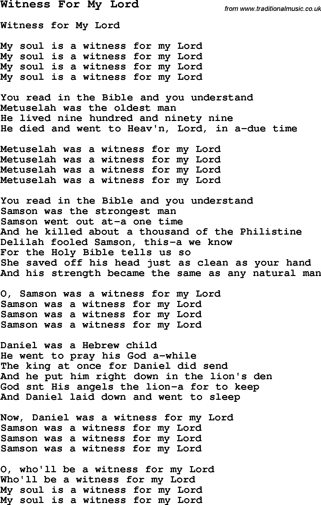 Negro Spiritual Song Lyrics for Witness For My Lord