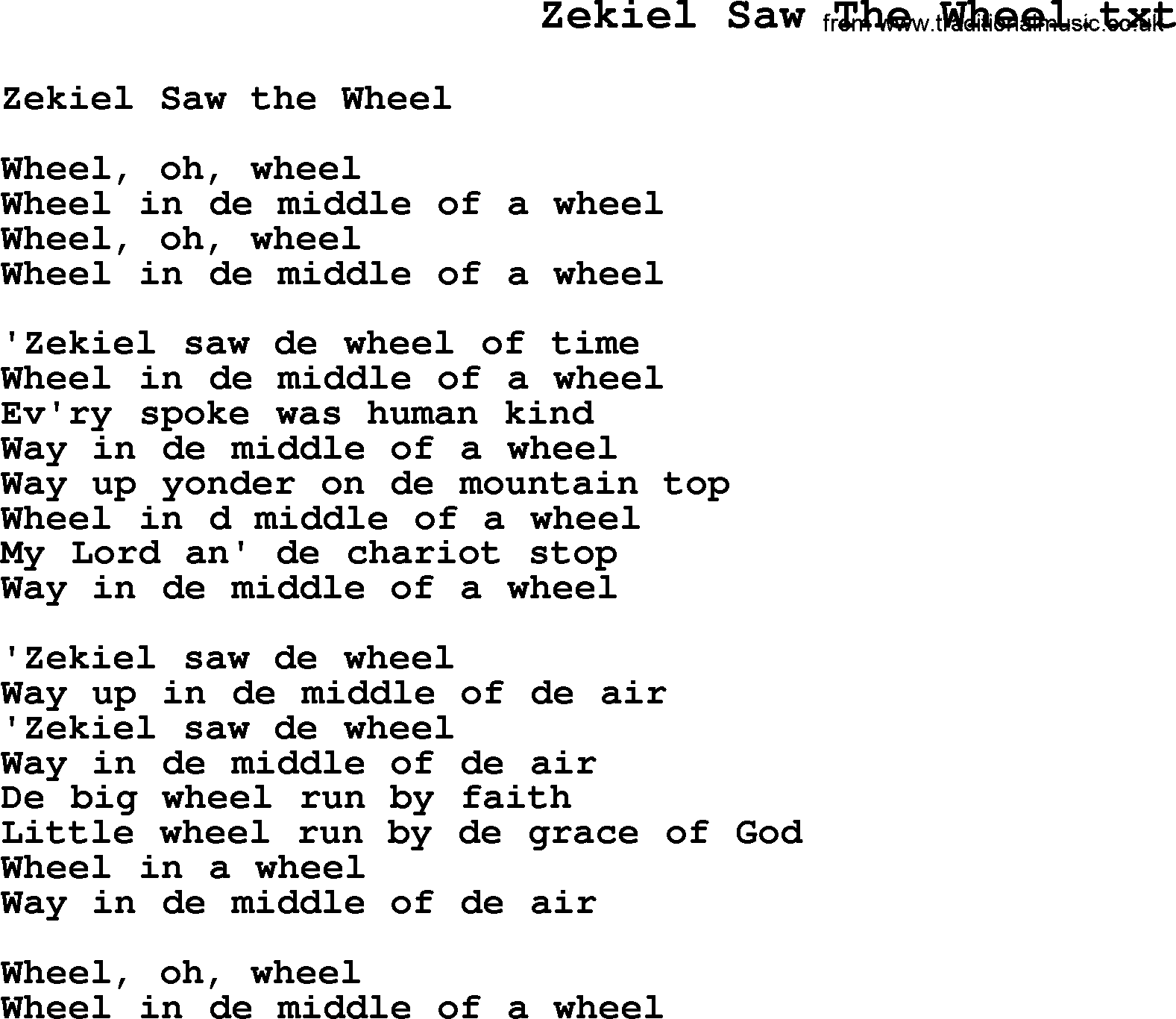 Negro Spiritual Song Lyrics for Zekiel Saw The Wheel