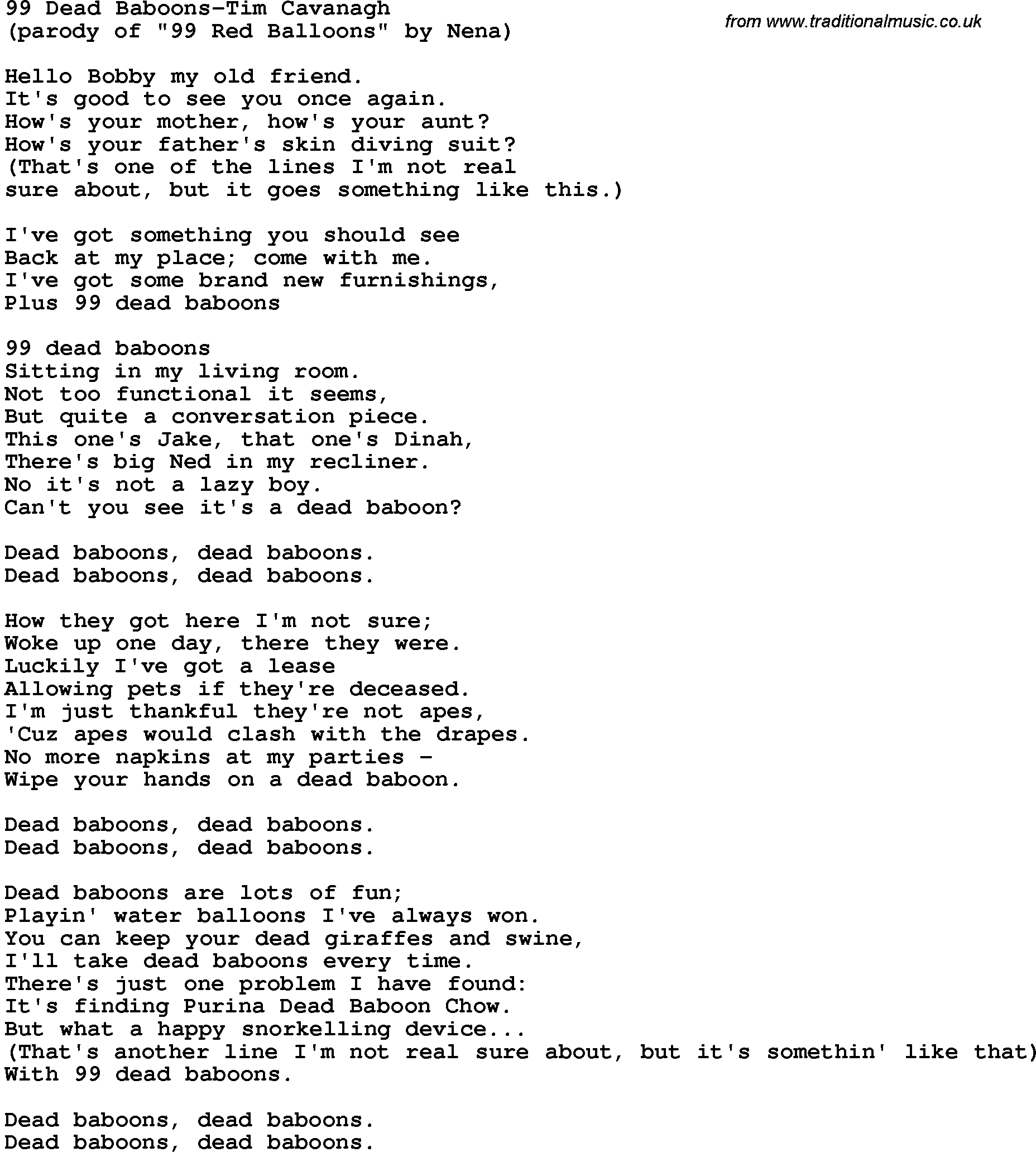 Novelty song: 99 Dead Baboons-Tim Cavanagh lyrics