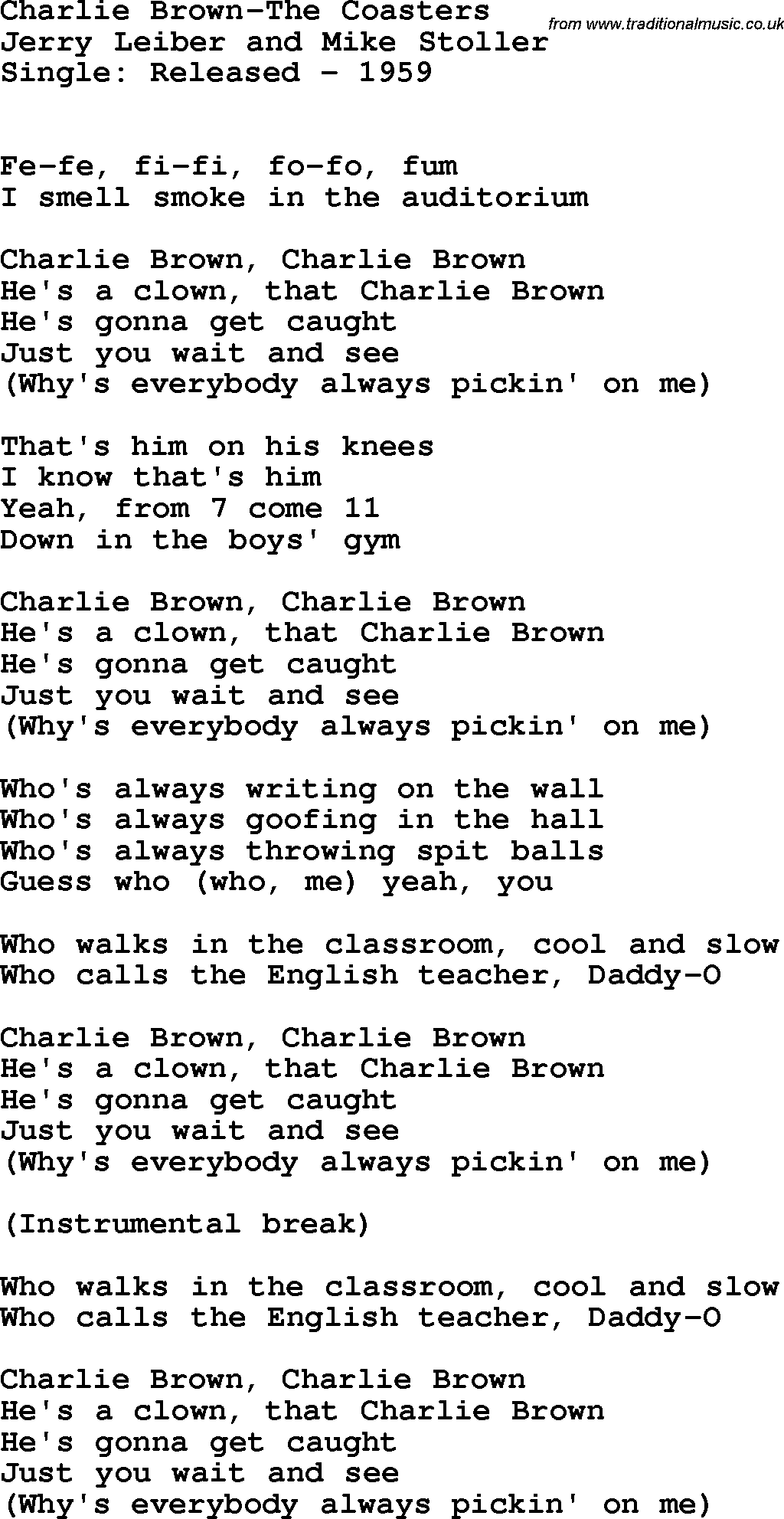 Novelty song: Charlie Brown-The Coasters lyrics