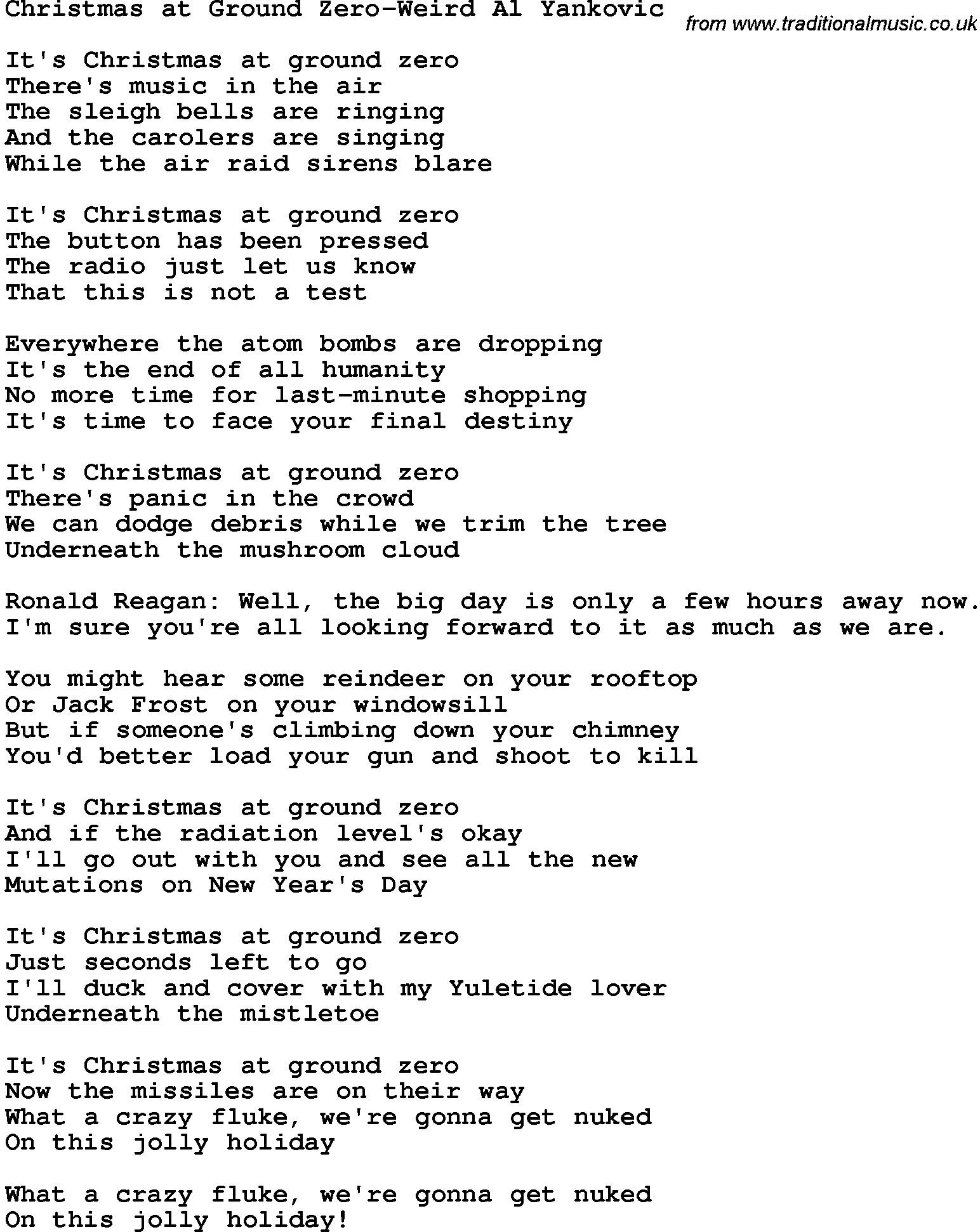 Novelty song: Christmas At Ground Zero-Weird Al Yankovic lyrics