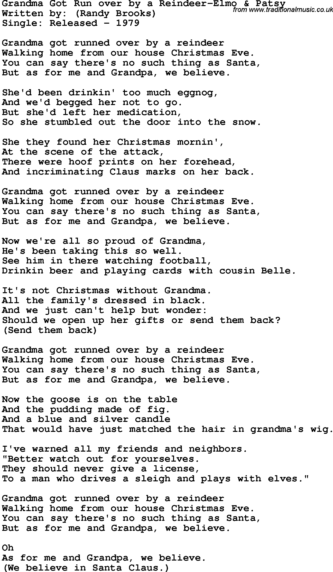 Novelty song: Grandma Got Run Over By A Reindeer-Elmo Patsy lyrics