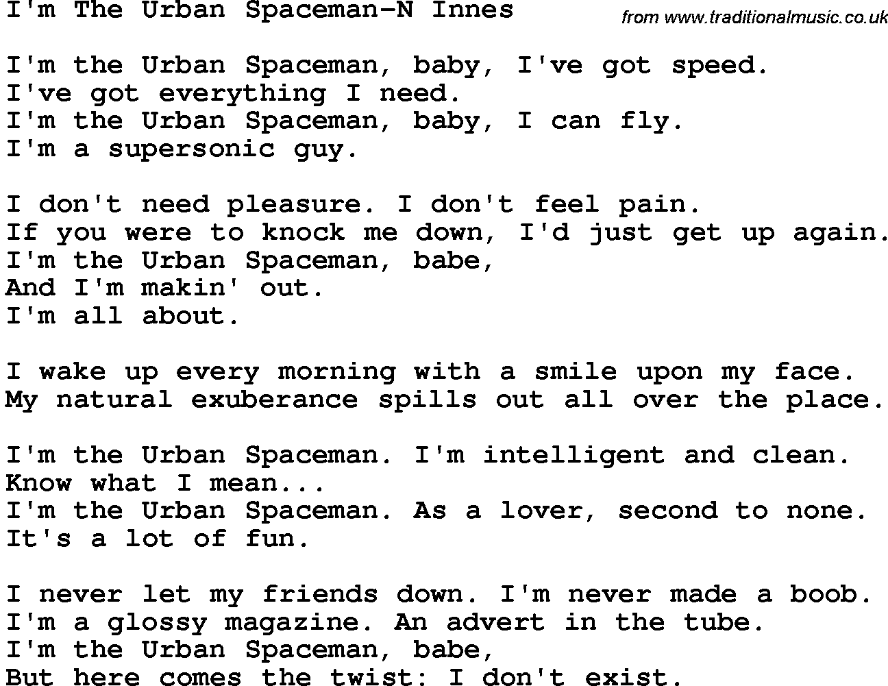 Novelty song: I'm The Urban Spaceman-N Innes lyrics
