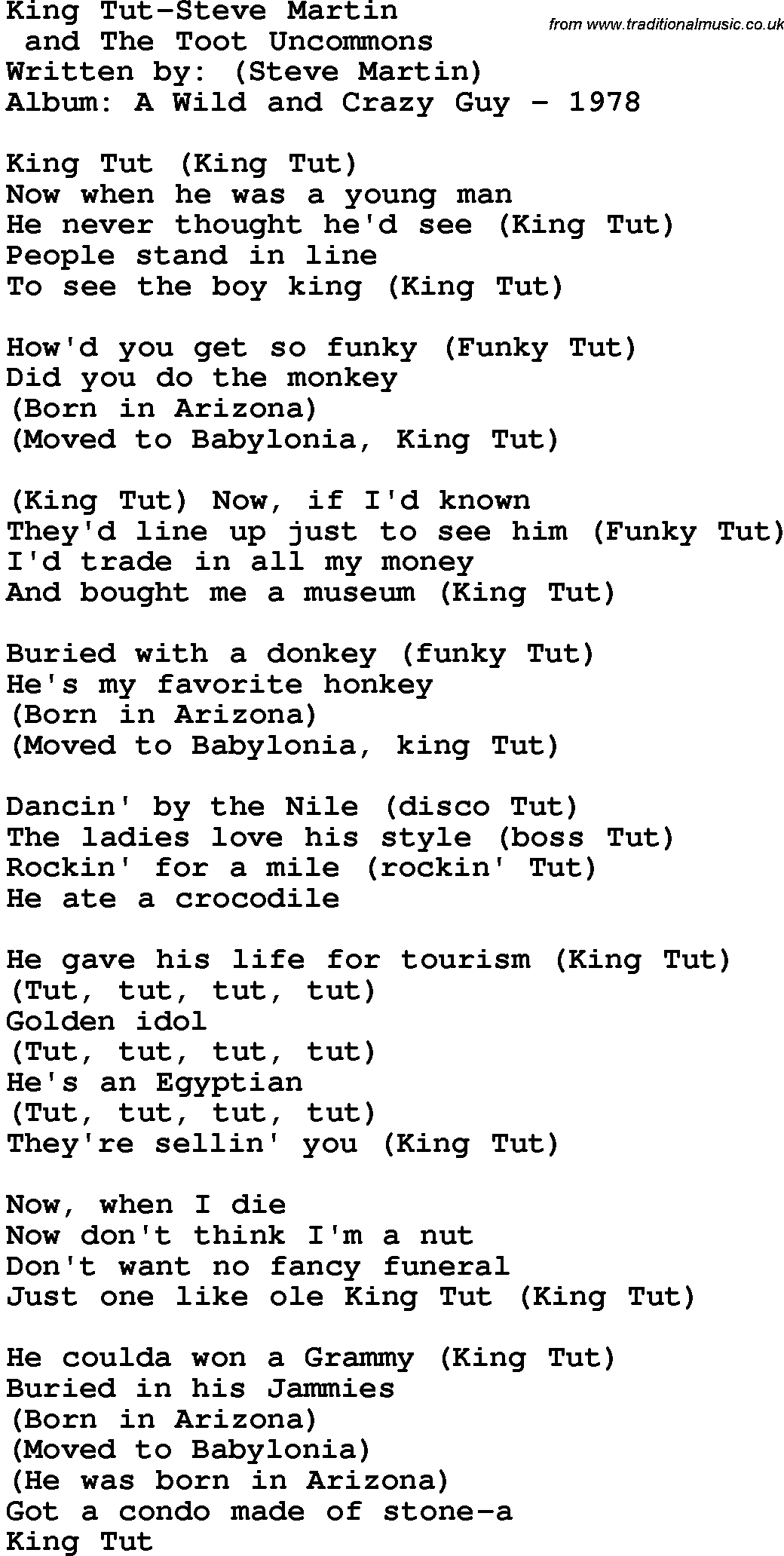 Novelty song: King Tut-Steve Martin lyrics