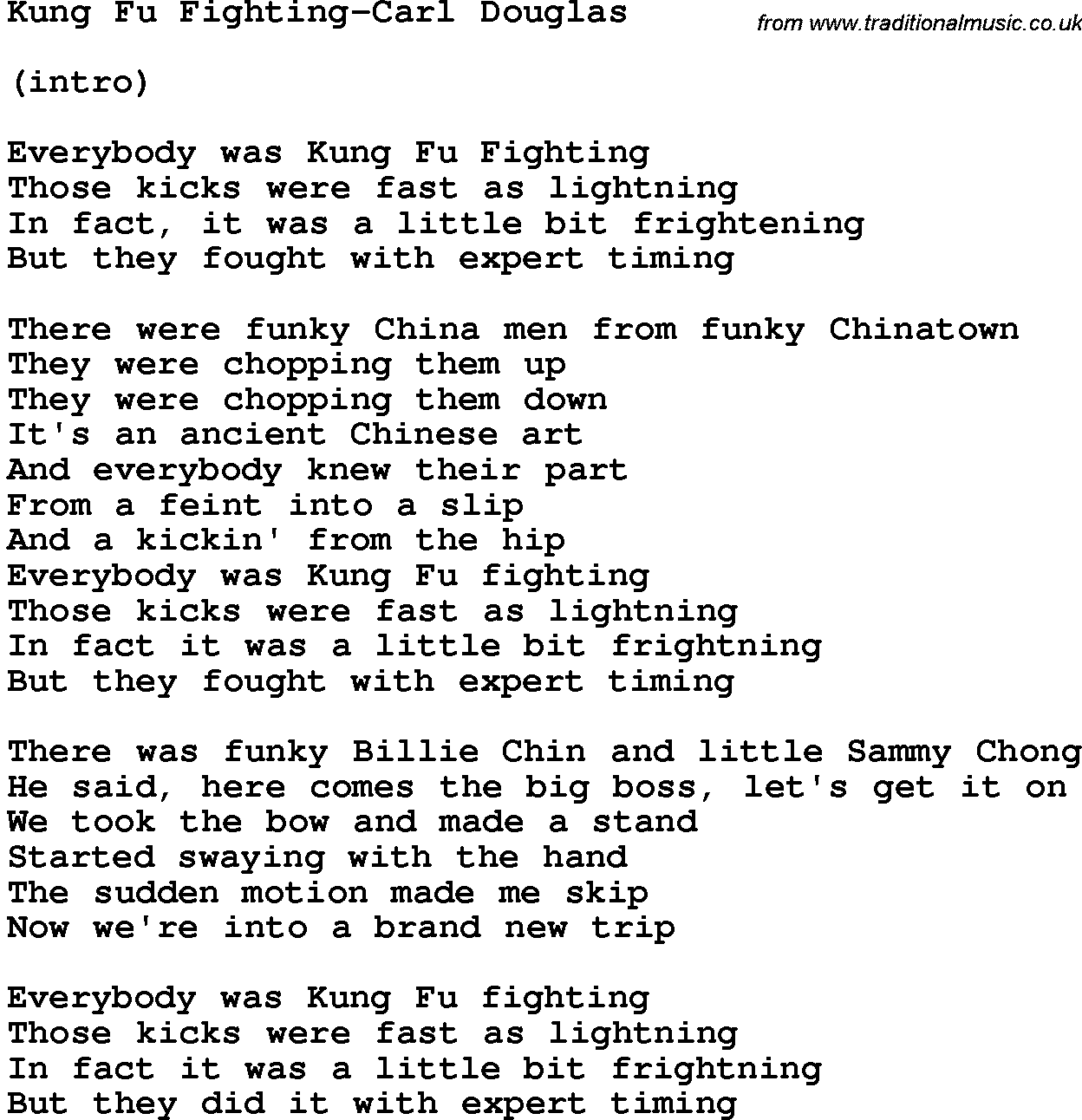 Novelty song: Kung Fu Fighting-Carl Douglas lyrics