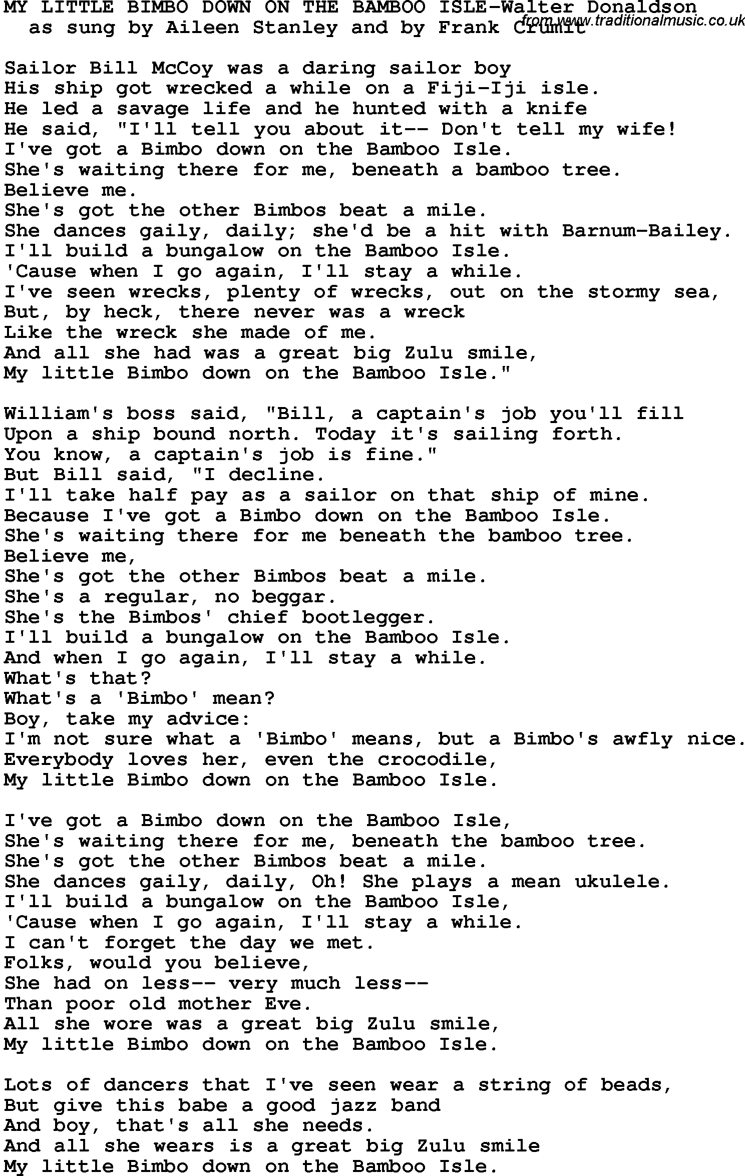 Novelty song: My Little Bimbo Down On The Bamboo Isle-Walter Donaldson lyrics