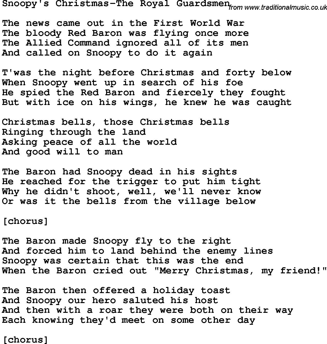 Novelty song: Snoopy's Christmas-The Royal Guardsmen lyrics