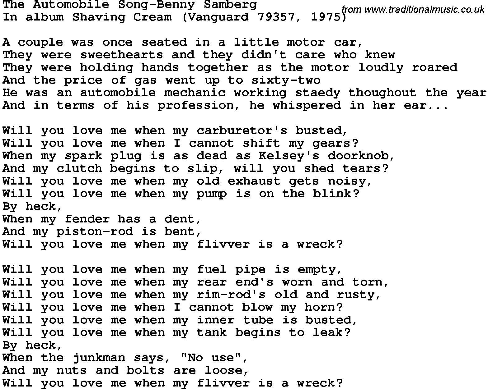Novelty song: The Automobile Song-Benny Samberg lyrics