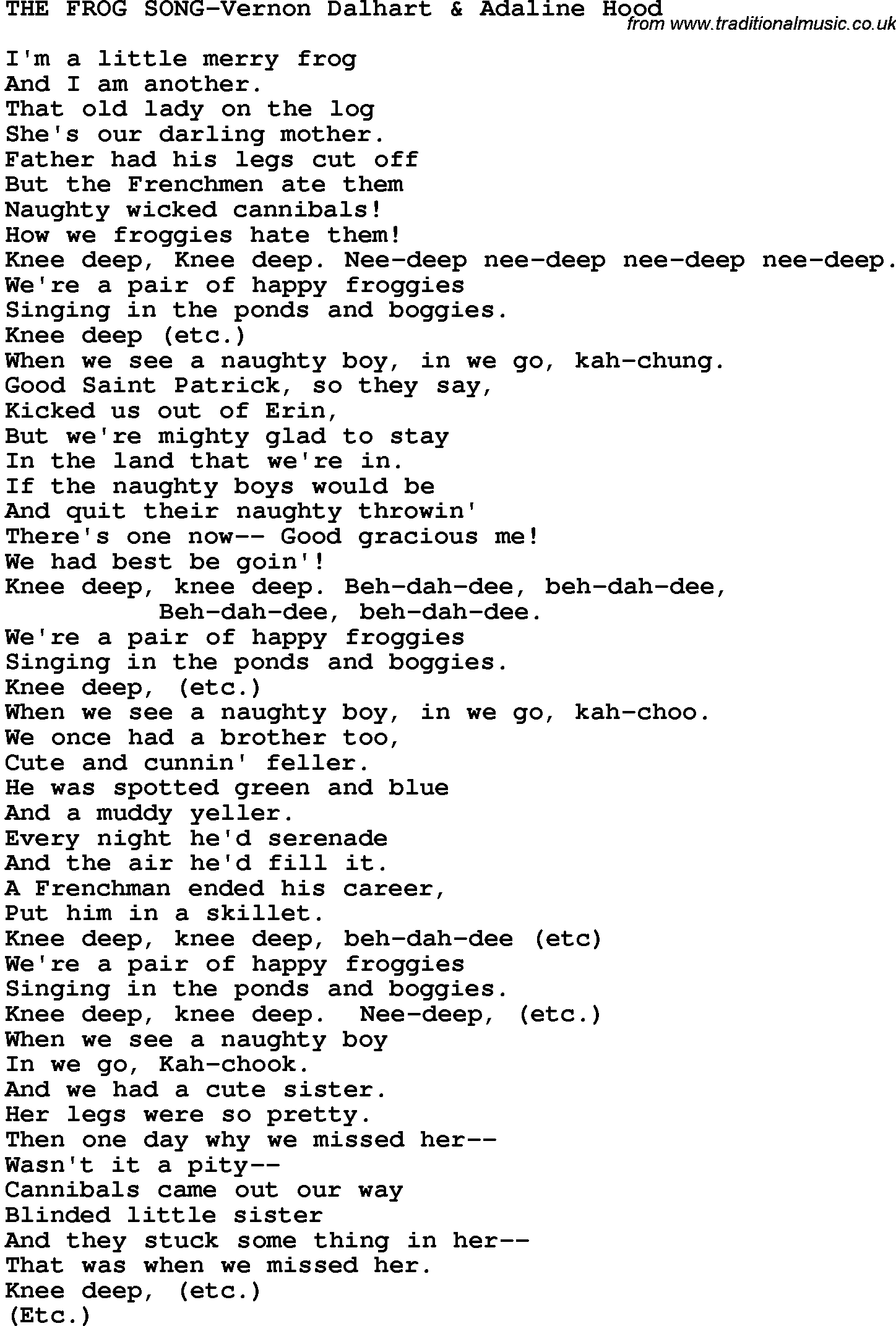 Novelty song: The Frog Song-Vernon Dalhart & Adaline Hood lyrics