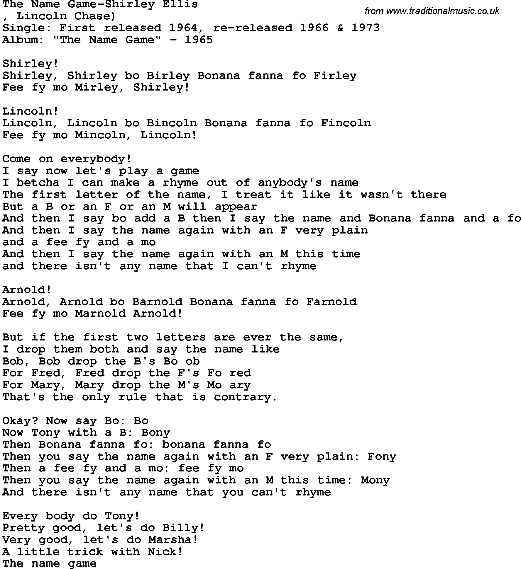 Novelty song: The Name Game-Shirley Ellis lyrics