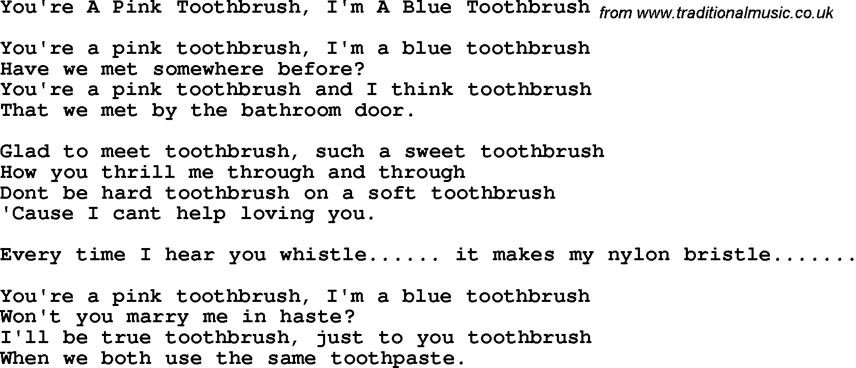 Novelty song: You're A Pink Toothbrush, I'm A Blue Toothbrush lyrics