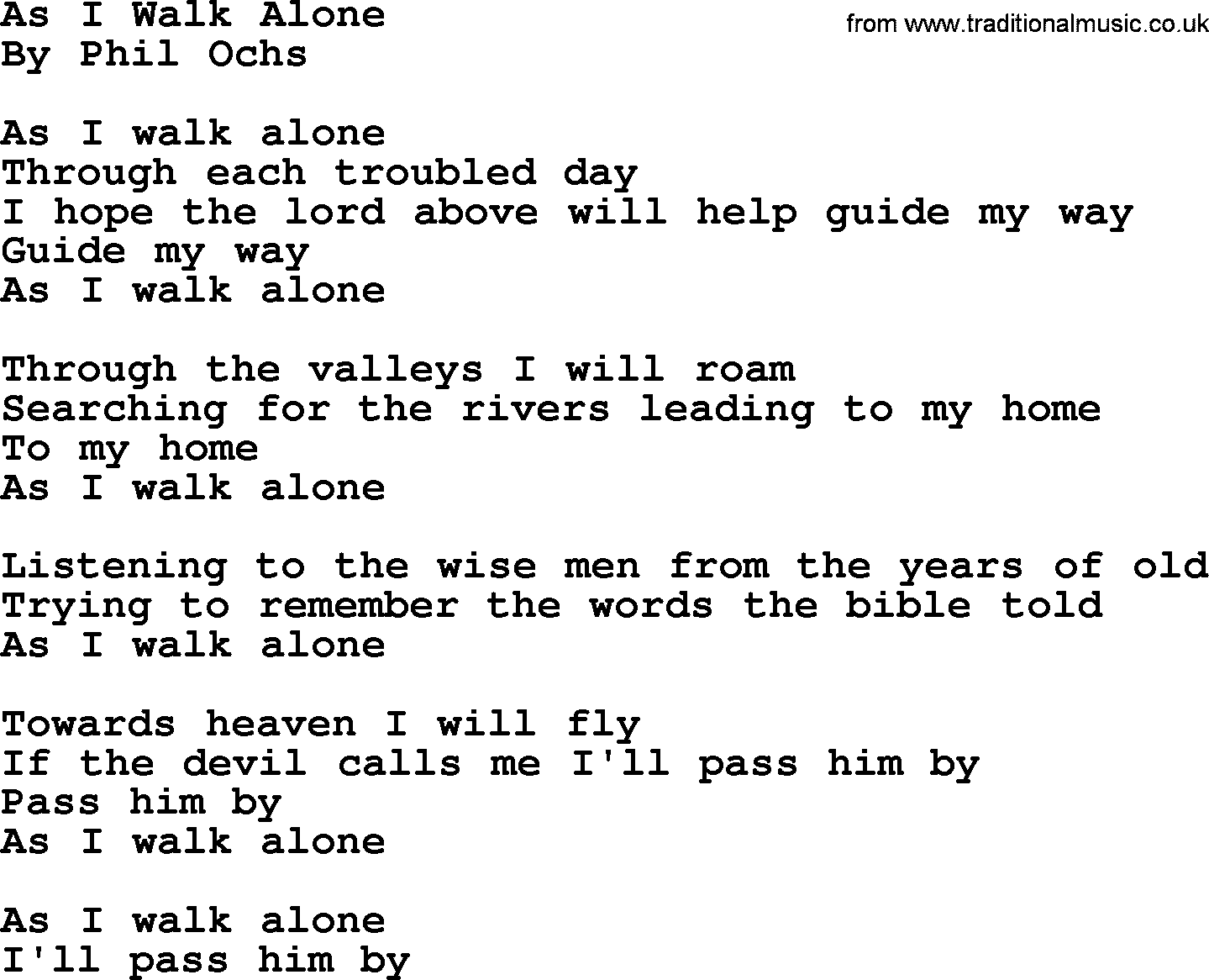 Phil Ochs song As I Walk Alone, lyrics