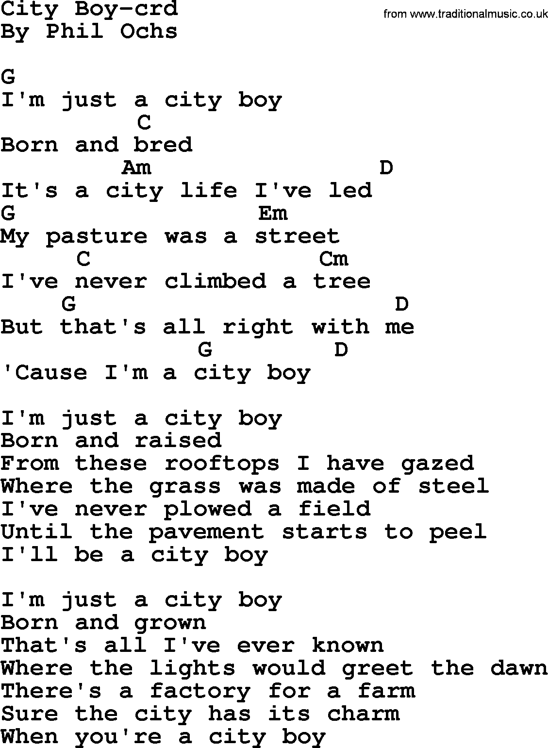 Phil Ochs song City Boy- by Phil Ochs, lyrics and chords