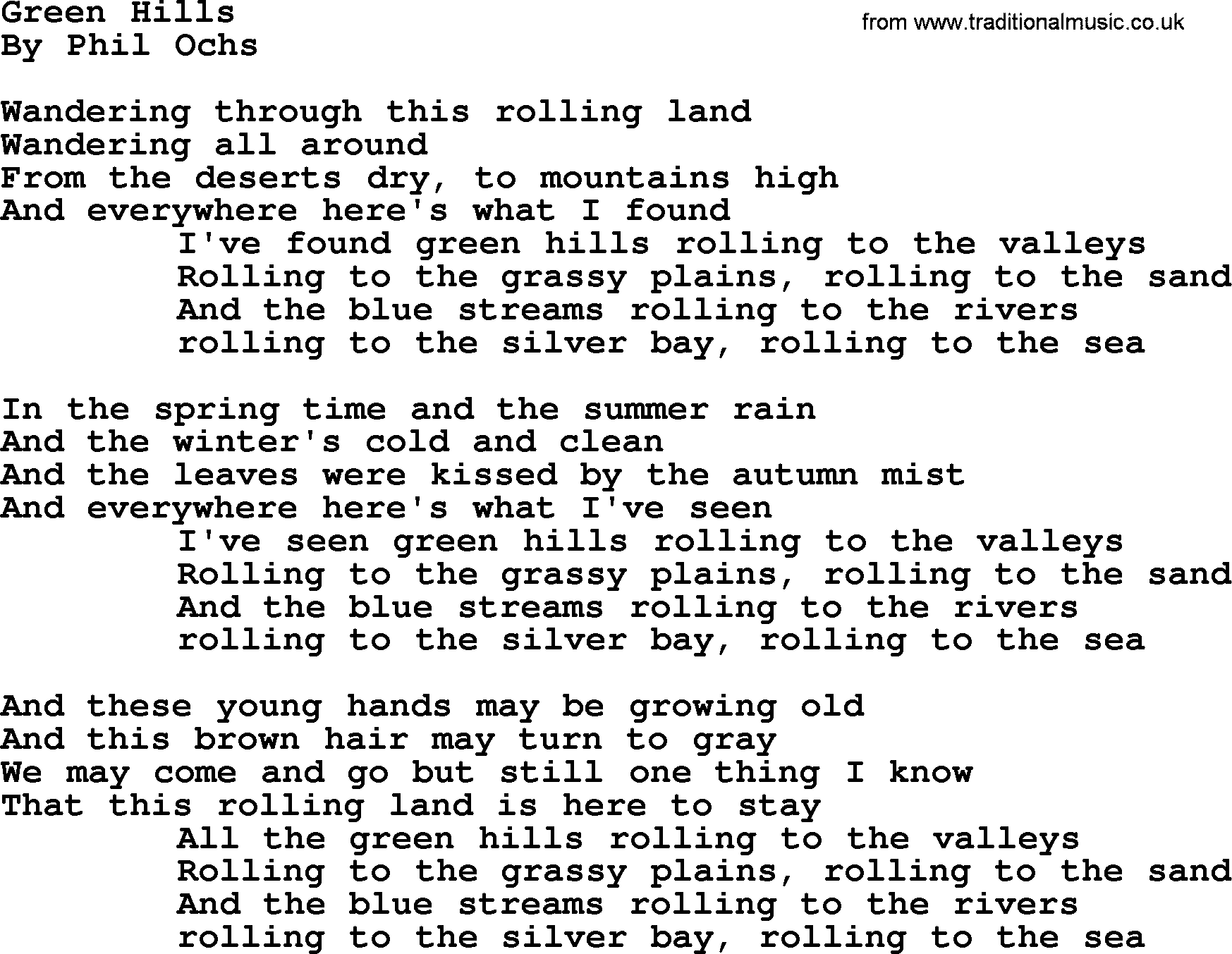 Phil Ochs song Green Hills, lyrics