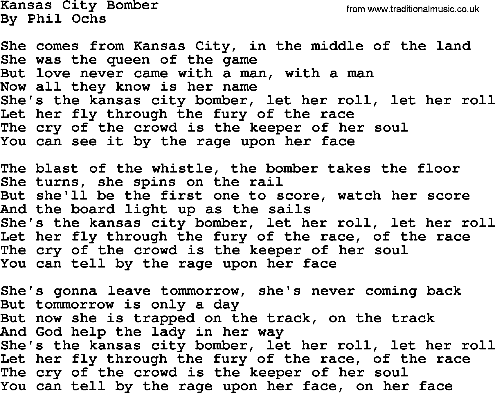 Phil Ochs song Kansas City Bomber, lyrics