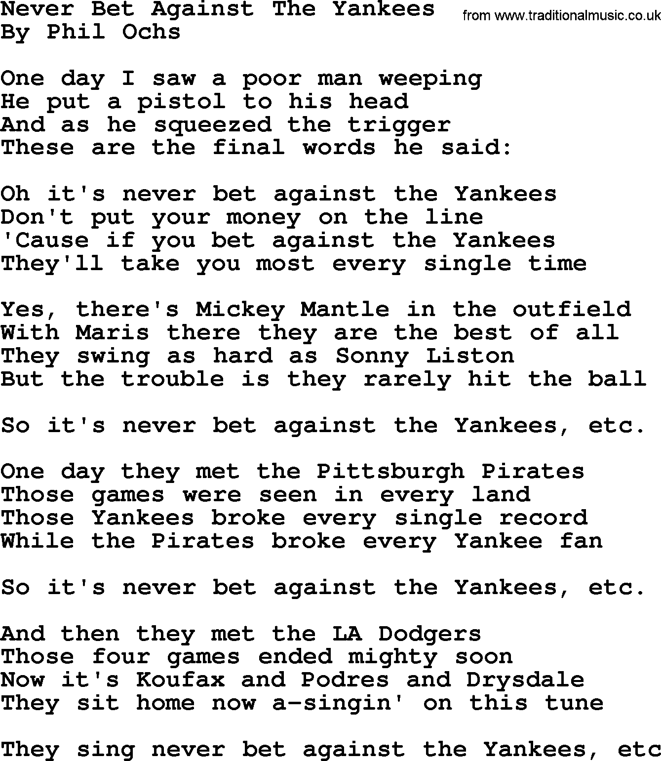 Phil Ochs song Never Bet Against The Yankees, lyrics